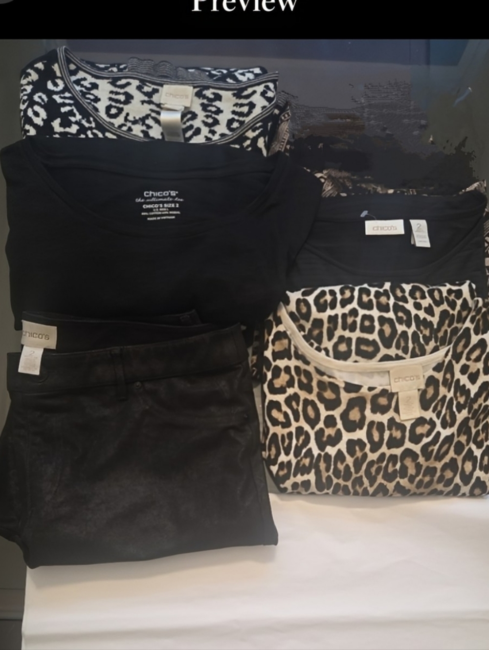 Chico’s Size 2 Bundle Lot  4 Pieces Tops & Pants Leopard Black Metallic Mix